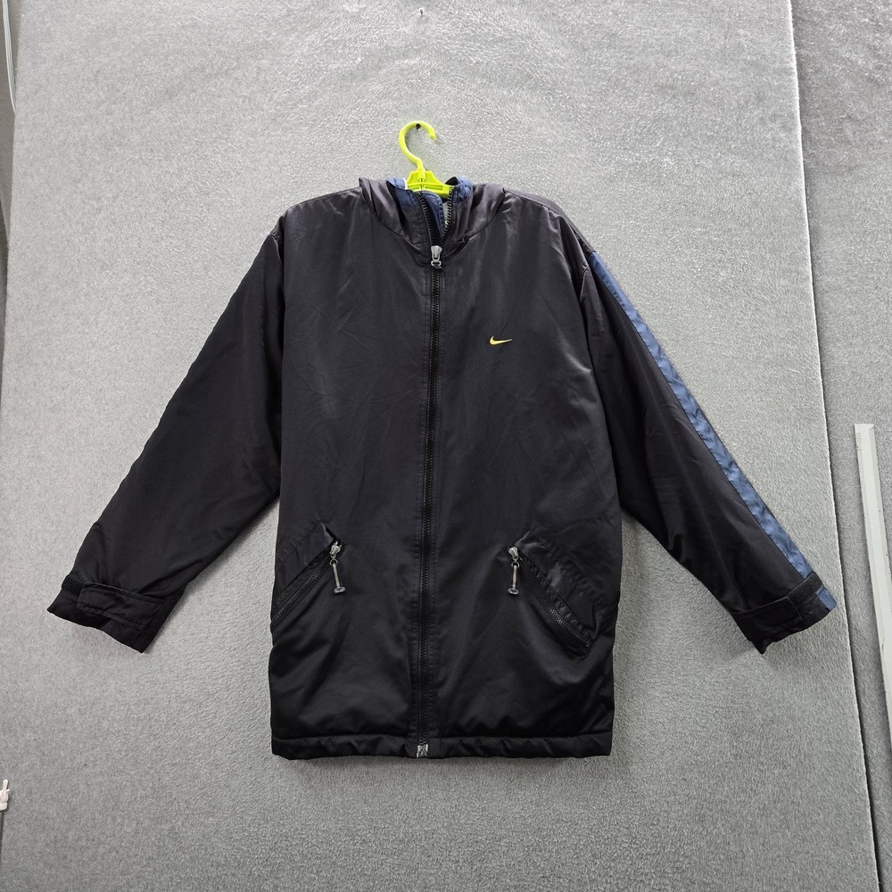 VINTAGE Nike Women Jacket XL Black Nylon Rain Coat Longline Hooded Y2K READ